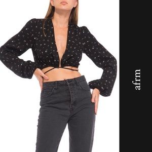 AFRM NWT Luciana Floral Long Sleeve Crop Top in Black • L